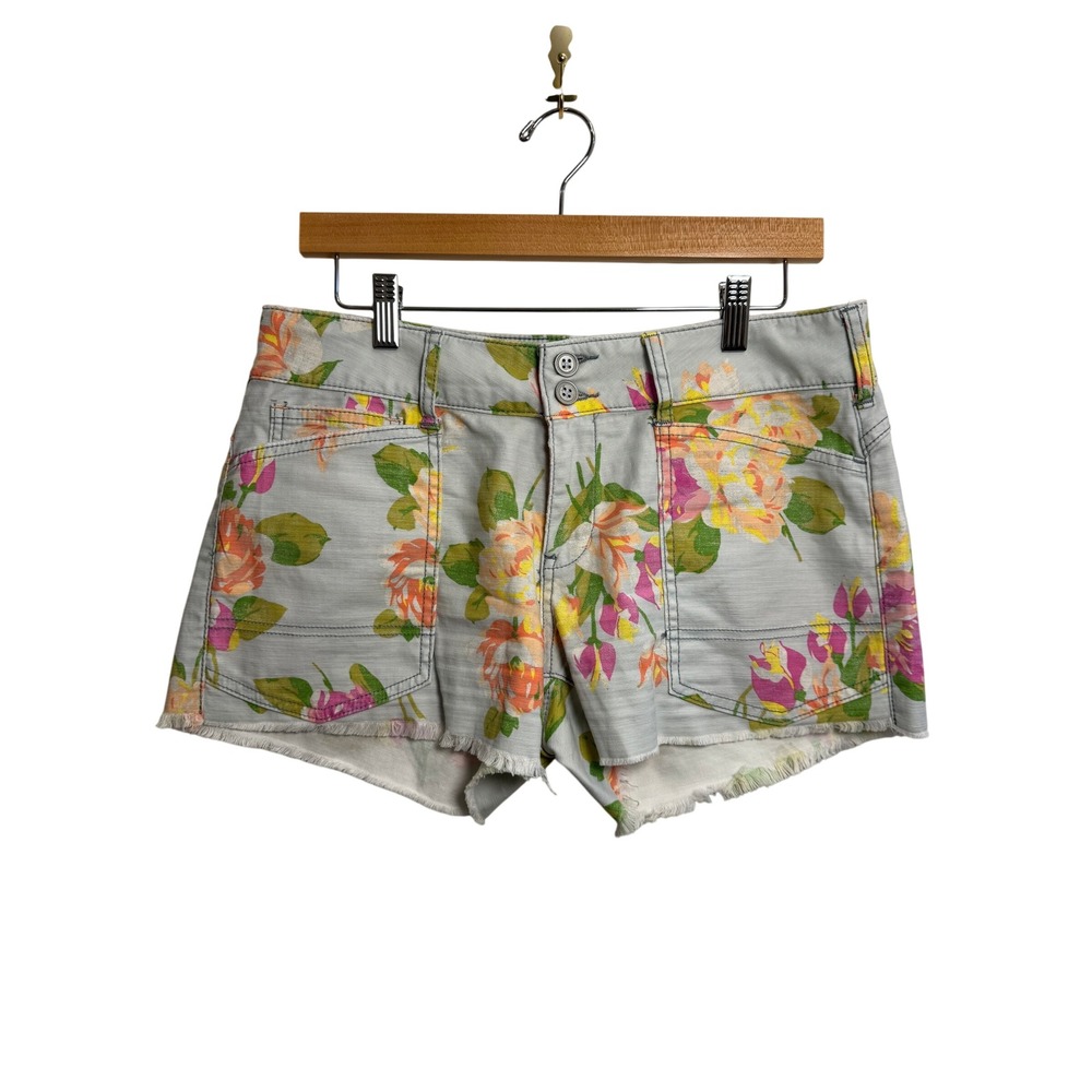 Pilcro Womens 28 The Wanderer Floral Denim Shorts Blue Pink Orange Frayed Hem